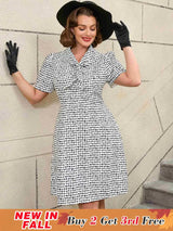 AOMEIDRESS White Short Sleeve A Line Mini Dress with Tie Neck White / S Printed Dresses