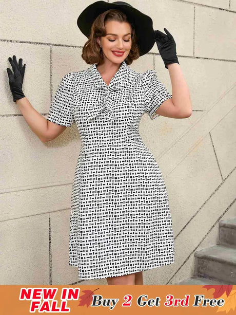 AOMEIDRESS White Short Sleeve A Line Mini Dress with Tie Neck White / S Printed Dresses