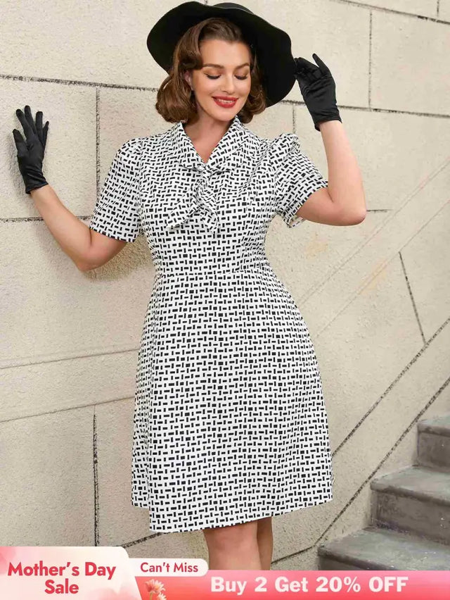 AOMEIDRESS White Short Sleeve A Line Mini Dress with Tie Neck White / S Printed Dresses