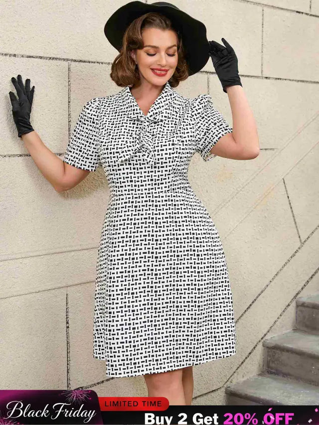 AOMEIDRESS White Short Sleeve A Line Mini Dress with Tie Neck White / S Printed Dresses
