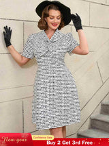 AOMEIDRESS White Short Sleeve A Line Mini Dress with Tie Neck White / S Printed Dresses