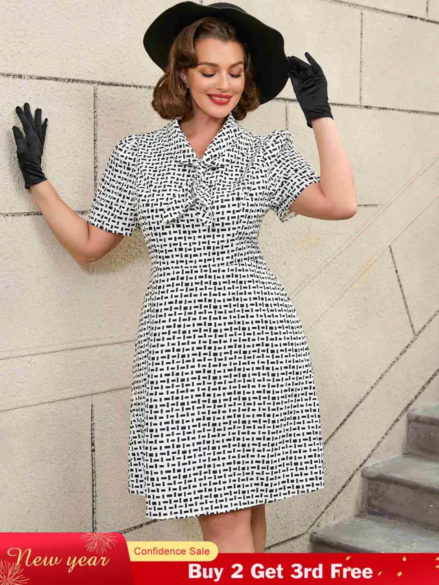 AOMEIDRESS White Short Sleeve A Line Mini Dress with Tie Neck White / S Printed Dresses