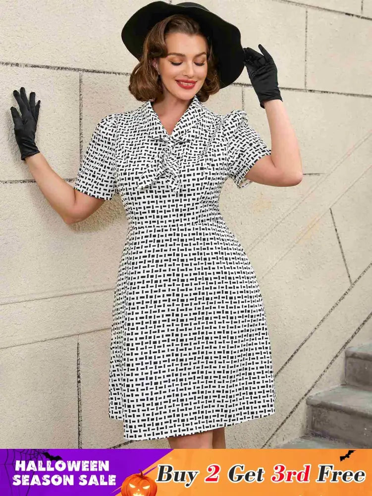 AOMEIDRESS White Short Sleeve A Line Mini Dress with Tie Neck White / S Printed Dresses