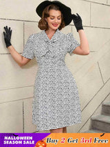 AOMEIDRESS White Short Sleeve A Line Mini Dress with Tie Neck White / S Printed Dresses