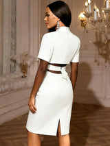 AOMEIDRESS White Short Sleeves Blazer Dress with Buttons Front Slit