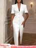 AOMEIDRESS White Short Sleeves Blazer Dress with Buttons Front Slit White / S