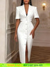 AOMEIDRESS White Short Sleeves Blazer Dress with Buttons Front Slit White / S