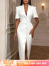 AOMEIDRESS White Short Sleeves Blazer Dress with Buttons Front Slit White / S