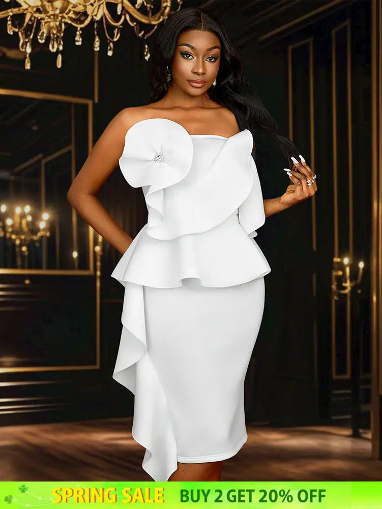 AOMEIDRESS White Wedding Clothes Peplum 3D Decoration Strapless Dress White / S