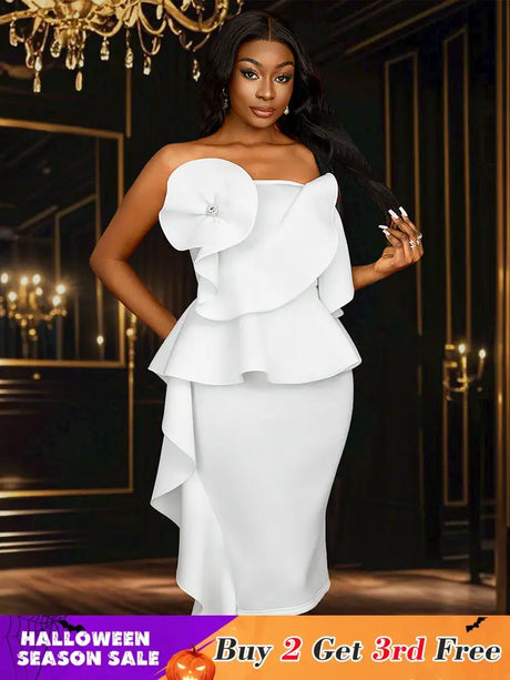 AOMEIDRESS White Wedding Clothes Peplum 3D Decoration Strapless Dress White / S