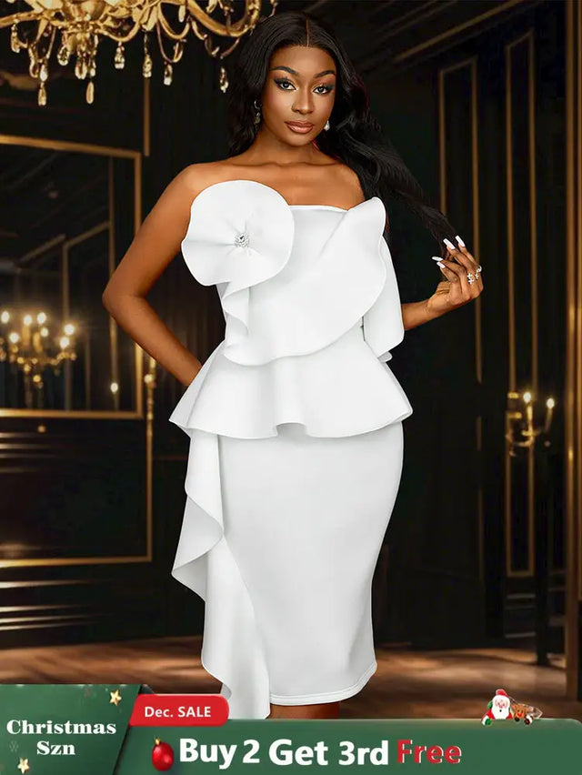 AOMEIDRESS White Wedding Clothes Peplum 3D Decoration Strapless Dress White / S