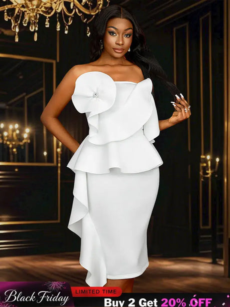 AOMEIDRESS White Wedding Clothes Peplum 3D Decoration Strapless Dress White / S