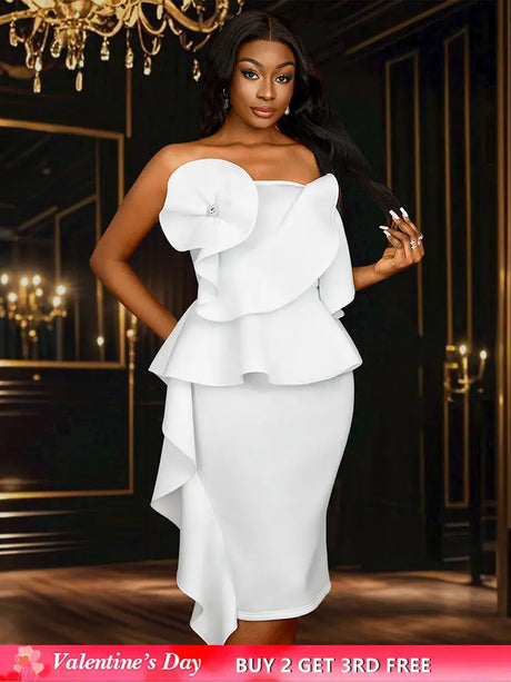 AOMEIDRESS White Wedding Clothes Peplum 3D Decoration Strapless Dress White / S
