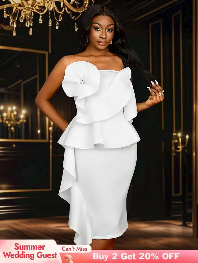AOMEIDRESS White Wedding Clothes Peplum 3D Decoration Strapless Dress White / S