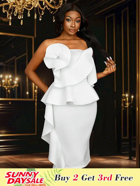 AOMEIDRESS White Wedding Clothes Peplum 3D Decoration Strapless Dress White / S