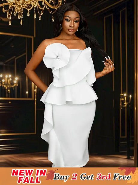 AOMEIDRESS White Wedding Clothes Peplum 3D Decoration Strapless Dress White / S