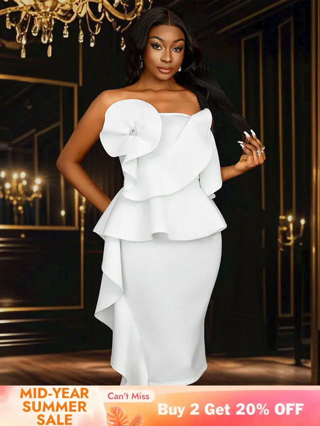 AOMEIDRESS White Wedding Clothes Peplum 3D Decoration Strapless Dress White / S