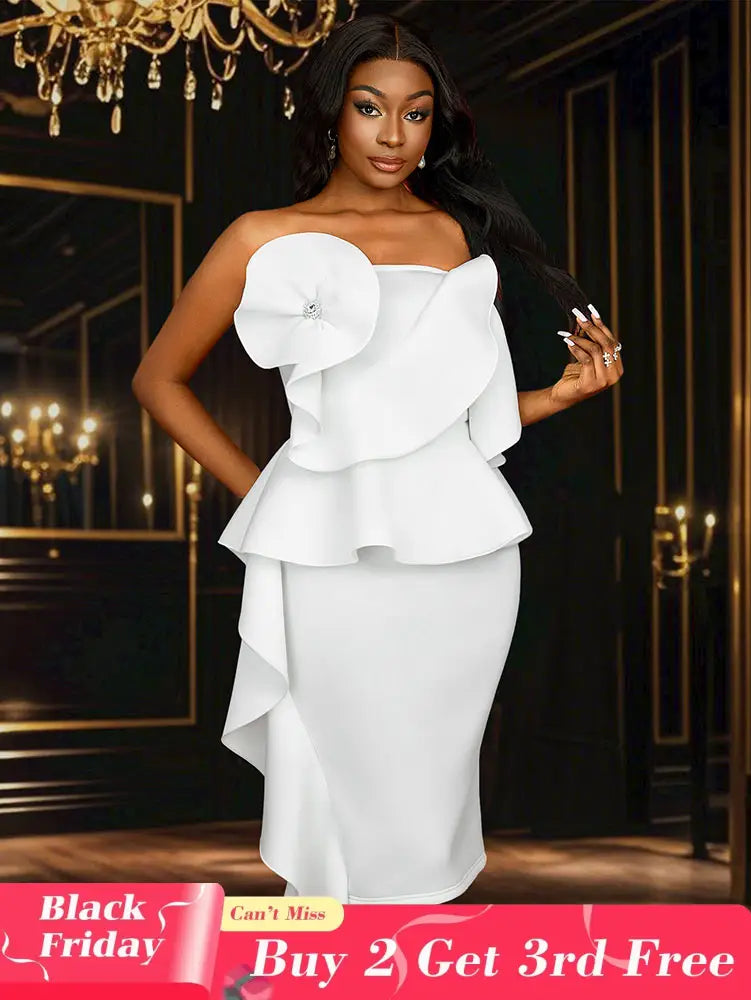 AOMEIDRESS White Wedding Clothes Peplum 3D Decoration Strapless Dress White / S