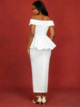 AOMEIDRESS White Wedding Guest Dresses Ruffles Slash Neck Package Hip