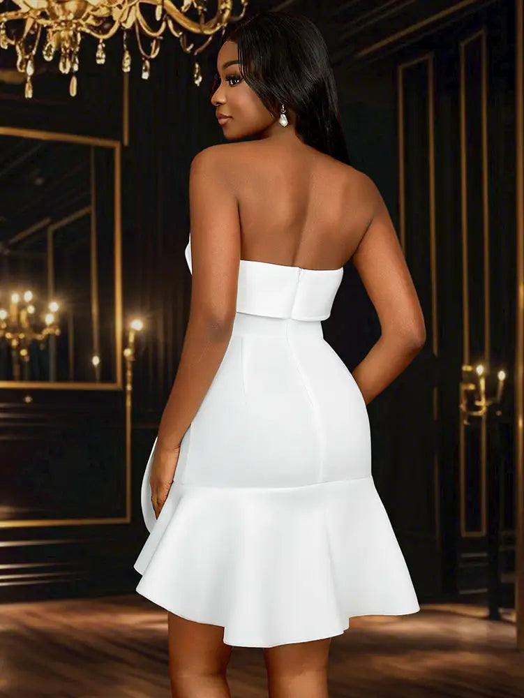 AOMEIDRESS White Wedding Reception 3D Flower Strapless Mini Dress