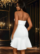 AOMEIDRESS White Wedding Reception 3D Flower Strapless Mini Dress