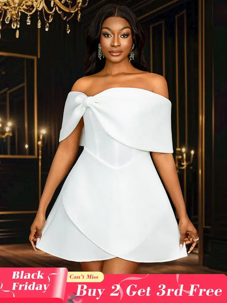 AOMEIDRESS White Wedding Shower Dress Bow A Line Grace Short Dresses White / S