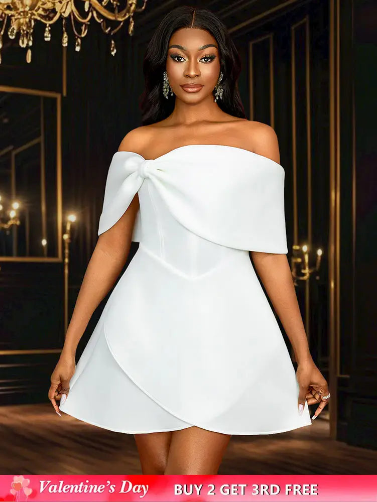 AOMEIDRESS White Wedding Shower Dress Bow A Line Grace Short Dresses White / S