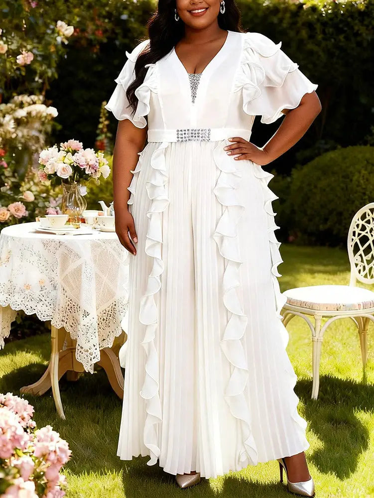 AOMEIDRESS Wide Leg Chiffon Jumpsuit V Neck Rhinestone Ruffle Pleated