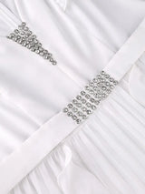 AOMEIDRESS Wide Leg Chiffon Jumpsuit V Neck Rhinestone Ruffle Pleated