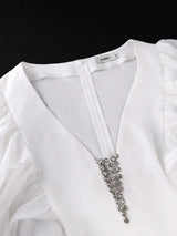 AOMEIDRESS Wide Leg Chiffon Jumpsuit V Neck Rhinestone Ruffle Pleated