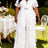 AOMEIDRESS Wide Leg Chiffon Jumpsuit V Neck Rhinestone Ruffle Pleated - White / L