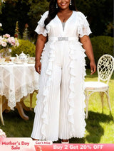 AOMEIDRESS Wide Leg Chiffon Jumpsuit V Neck Rhinestone Ruffle Pleated - White / L