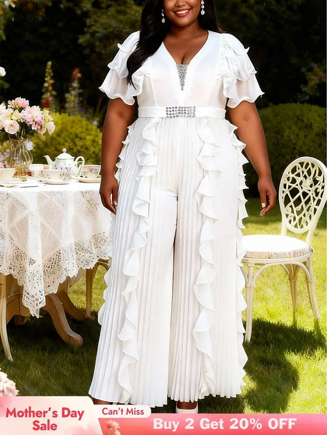AOMEIDRESS Wide Leg Chiffon Jumpsuit V Neck Rhinestone Ruffle Pleated - White / L