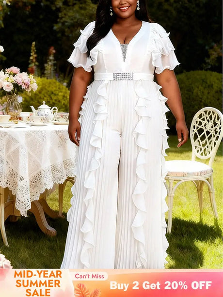 AOMEIDRESS Wide Leg Chiffon Jumpsuit V Neck Rhinestone Ruffle Pleated - White / L