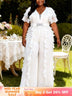 AOMEIDRESS Wide Leg Chiffon Jumpsuit V Neck Rhinestone Ruffle Pleated - White / L
