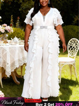 AOMEIDRESS Wide Leg Chiffon Jumpsuit V Neck Rhinestone Ruffle Pleated - White / L