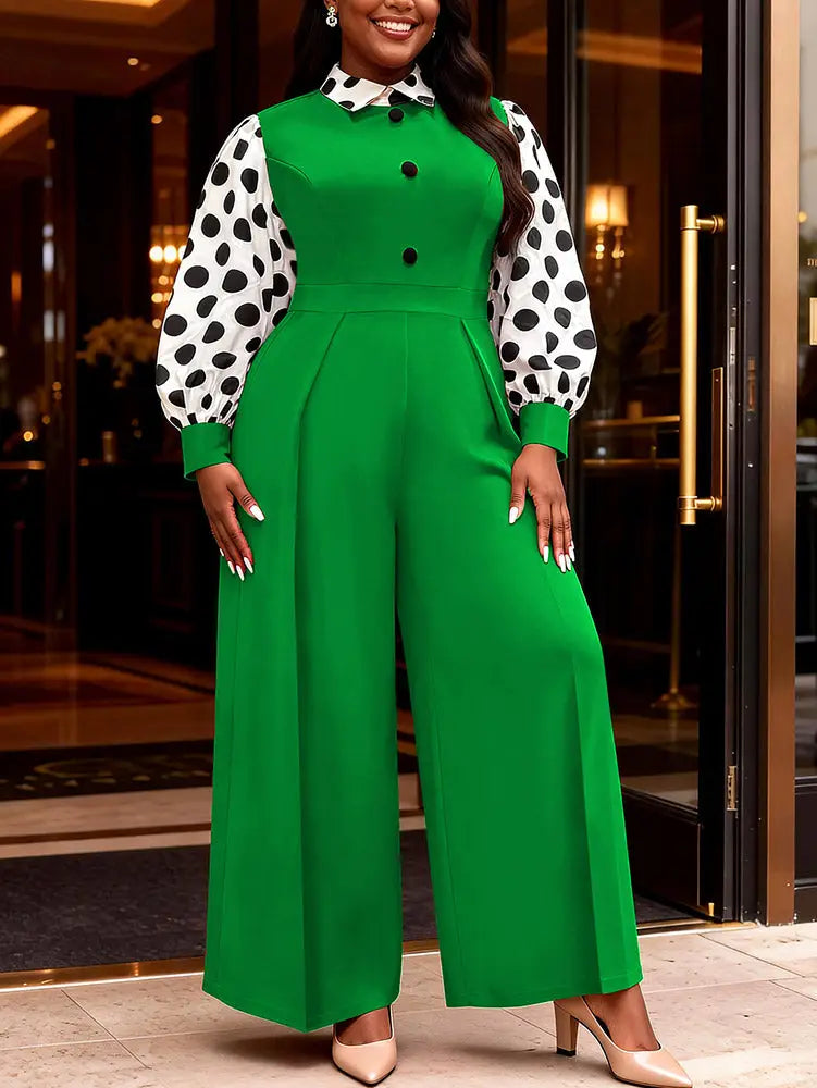 AOMEIDRESS Wide Leg Jumpsuit Colorblock Polka Dots Long Sleeve Button - Green / L