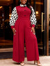 AOMEIDRESS Wide Leg Jumpsuit Colorblock Polka Dots Long Sleeve Button - Red / L