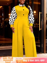AOMEIDRESS Wide Leg Jumpsuit Colorblock Polka Dots Long Sleeve Button - Yellow / L