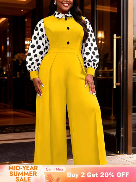 AOMEIDRESS Wide Leg Jumpsuit Colorblock Polka Dots Long Sleeve Button - Yellow / L