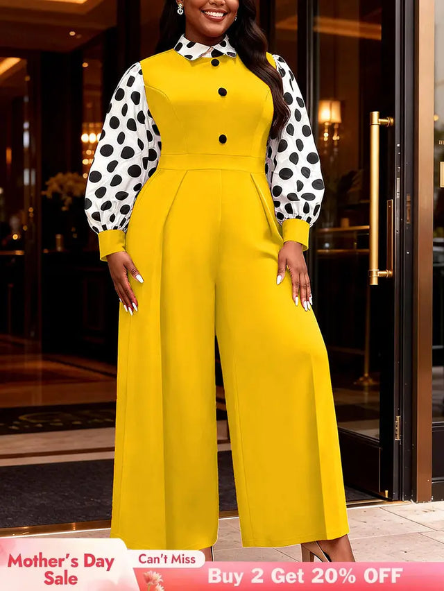 AOMEIDRESS Wide Leg Jumpsuit Colorblock Polka Dots Long Sleeve Button - Yellow / L