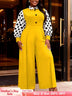 AOMEIDRESS Wide Leg Jumpsuit Colorblock Polka Dots Long Sleeve Button - Yellow / L