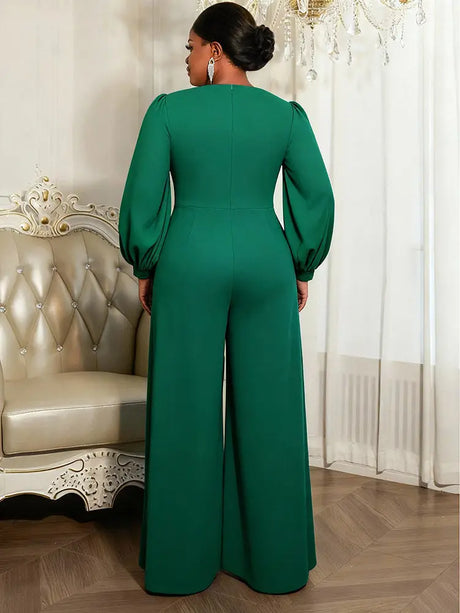 AOMEIDRESS Wide Leg Jumpsuit O Neck Lantern Sleeve Beading 3D Flower