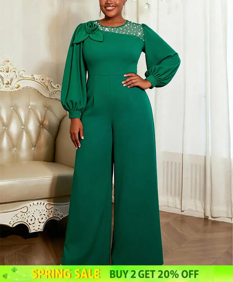 AOMEIDRESS Wide Leg Jumpsuit O Neck Lantern Sleeve Beading 3D Flower - Green / 0XL