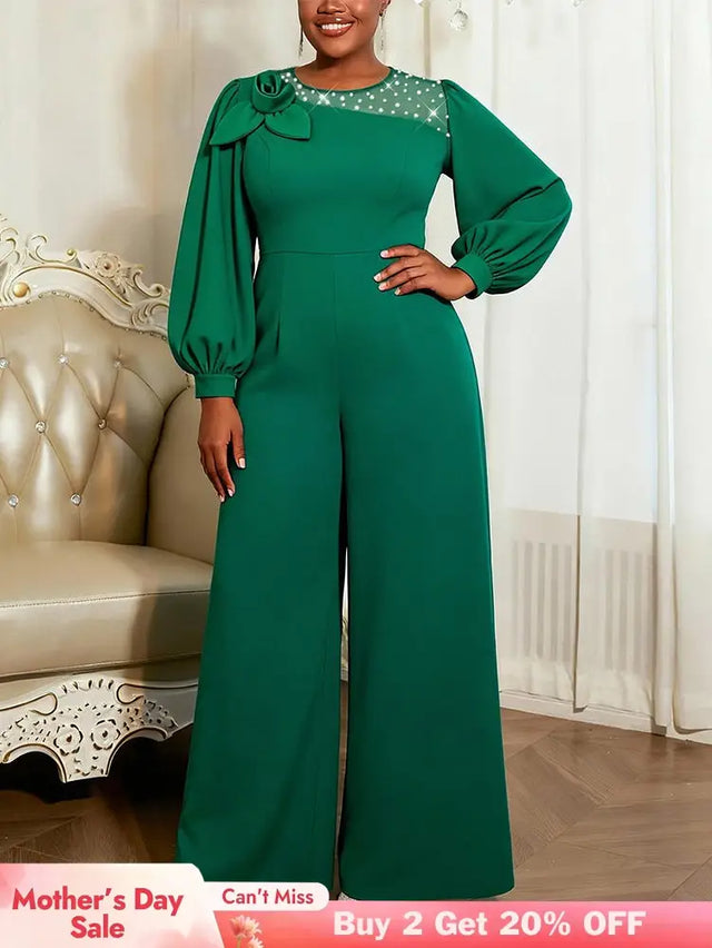 AOMEIDRESS Wide Leg Jumpsuit O Neck Lantern Sleeve Beading 3D Flower - Green / 0XL