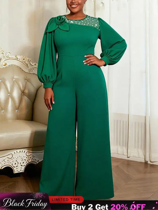 AOMEIDRESS Wide Leg Jumpsuit O Neck Lantern Sleeve Beading 3D Flower - Green / 0XL