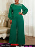 AOMEIDRESS Wide Leg Jumpsuit O Neck Lantern Sleeve Beading 3D Flower - Green / 0XL