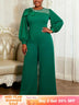 AOMEIDRESS Wide Leg Jumpsuit O Neck Lantern Sleeve Beading 3D Flower - Green / 0XL