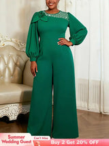 AOMEIDRESS Wide Leg Jumpsuit O Neck Lantern Sleeve Beading 3D Flower - Green / 0XL