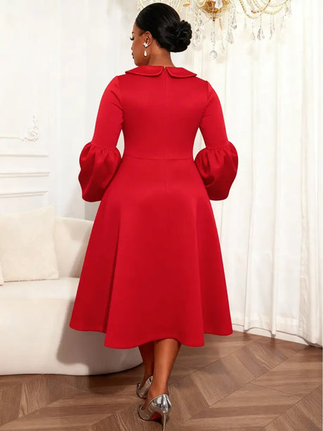 AOMEIDRESS Women A Line Dress Lantern Sleeves Turn Down Collar Gowns